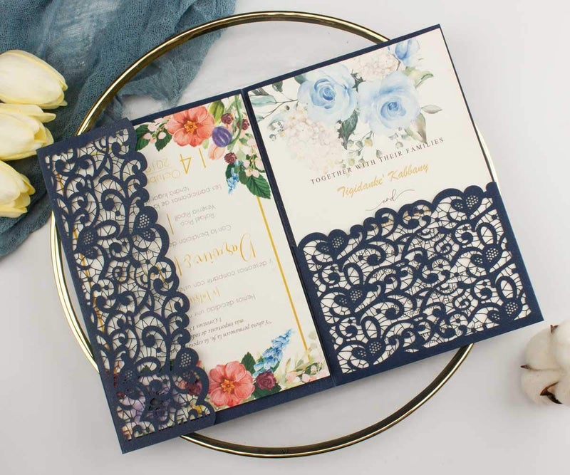 Lucky Star 25 sets 5X7 Dark Navy Blue Tri Fold Wedding Invitations Cards With Envelopes Inserts for Bridal Shower Birthday - Image 3